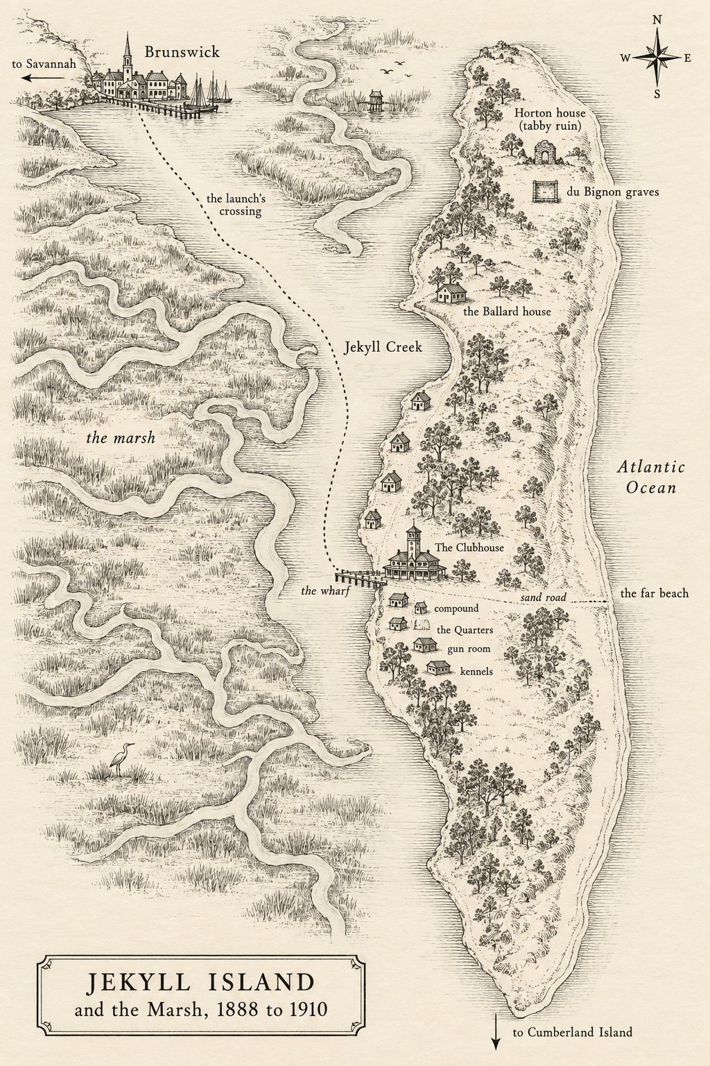 The trilogy’s illustrated base map of Jekyll Island and Brunswick, with selectable Book Two story markers