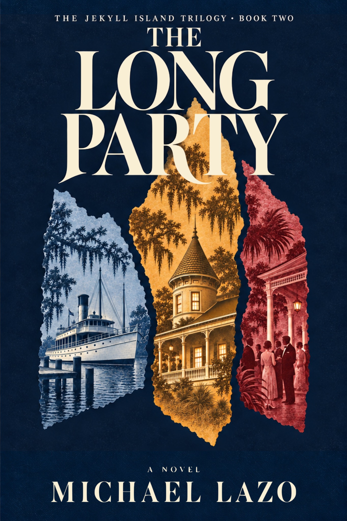 The Long Party by Michael Lazo, navy cover with cream lettering and torn-paper scenes of a steamer, clubhouse, and party