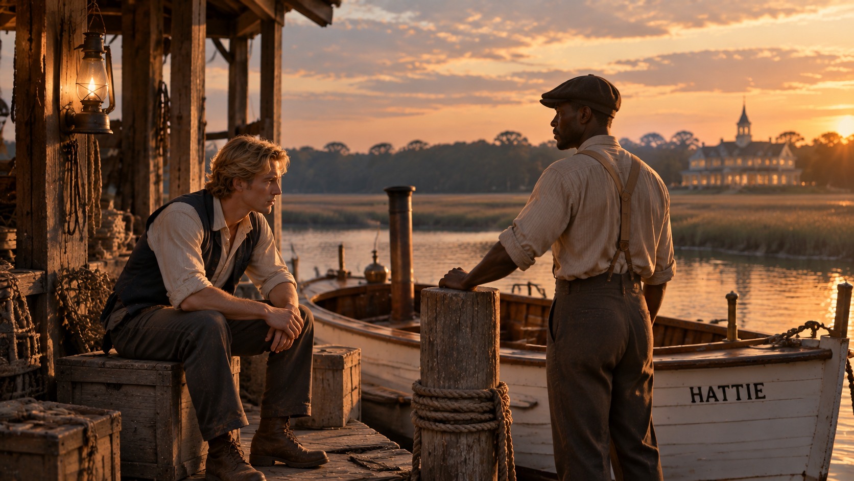Hollis and Isaiah beside the Hattie launch at the marsh dock at sunset