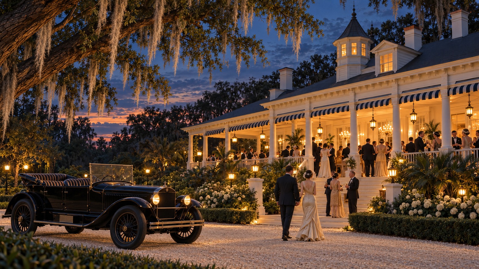 Guests arriving along a shell path beside a parked period car, with a party on the illuminated Club porch