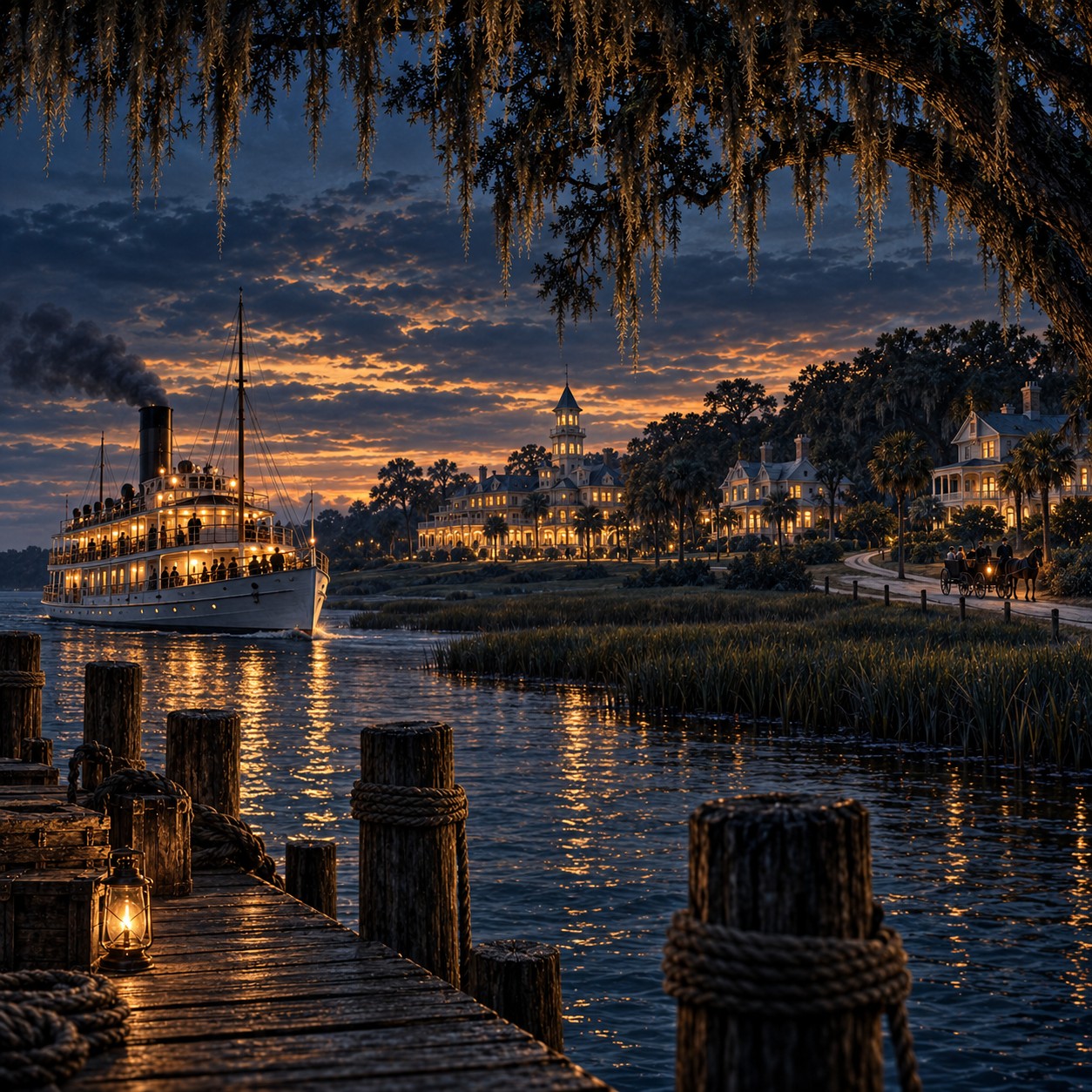Illustrated steamer arriving at Jekyll Island at dusk